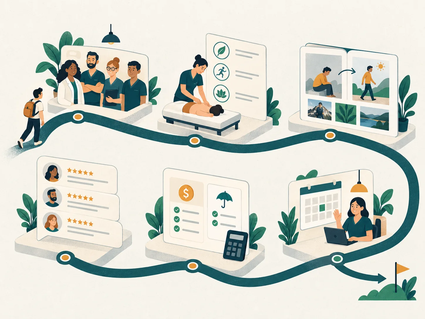 A connected illustrated path through team profiles, service details, project examples, reviews, pricing and insurance, and booking.