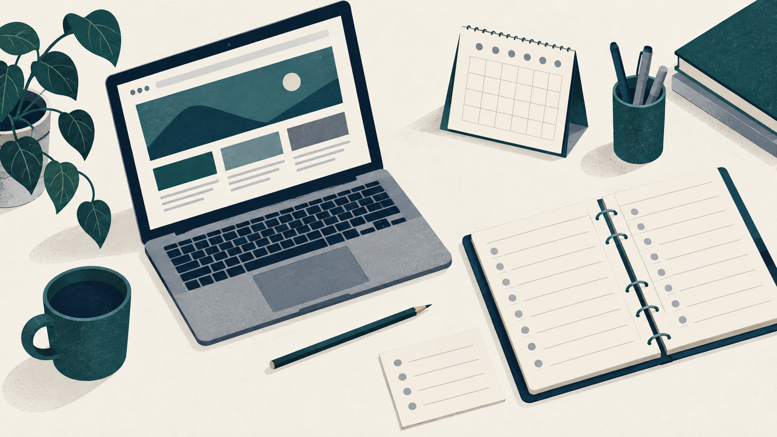 A laptop, maintenance notebook, blank calendar and task card arranged on a desk.