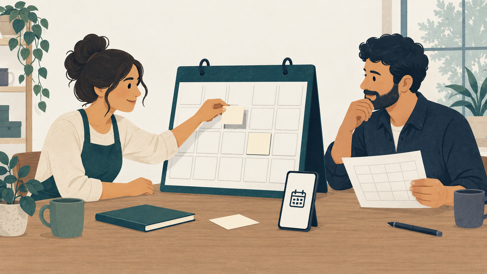 Two colleagues review a calendar and move an appointment card while comparing a paper schedule.