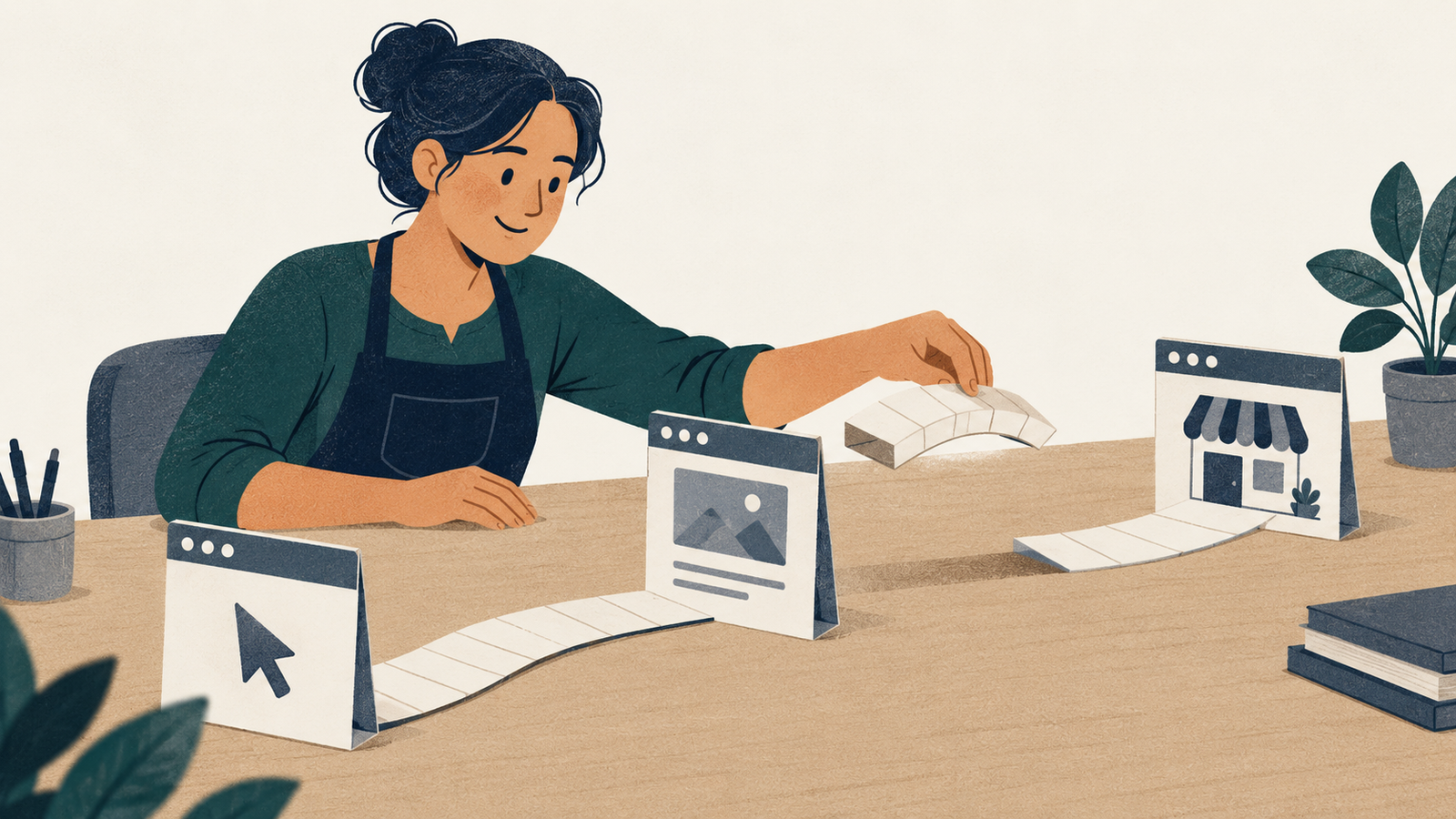A business owner places a paper bridge into a gap between miniature website cards.