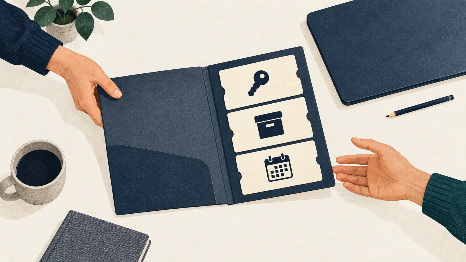 Two hands pass an open folder containing key, backup archive, and calendar symbols beside a closed laptop.