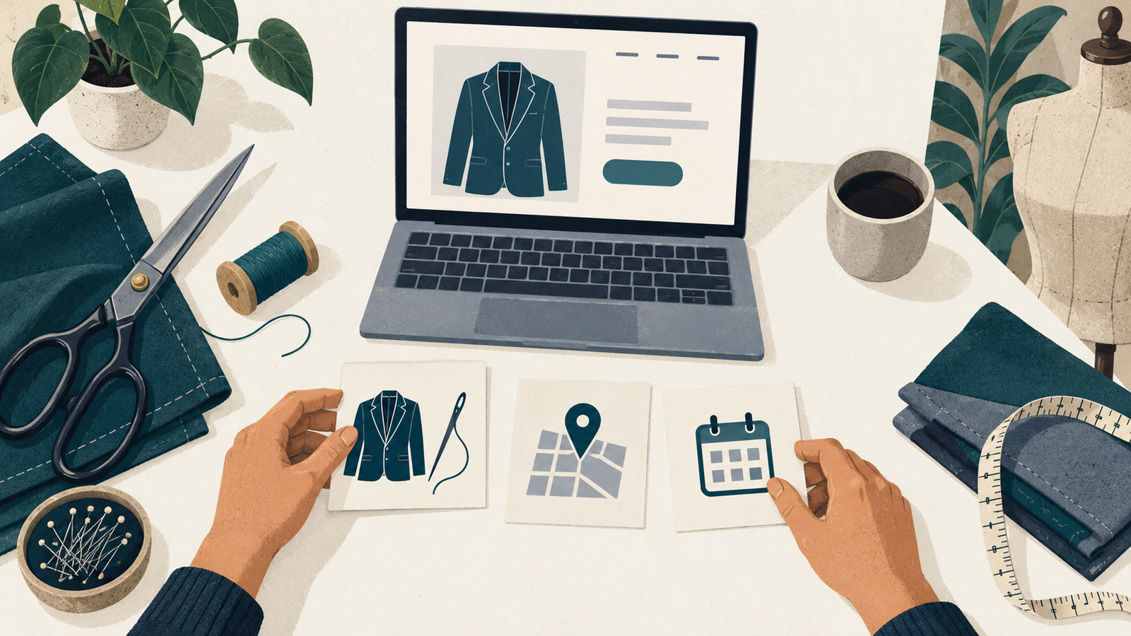 Hands arrange tailoring, location, and calendar cards beside a laptop showing an alterations homepage.