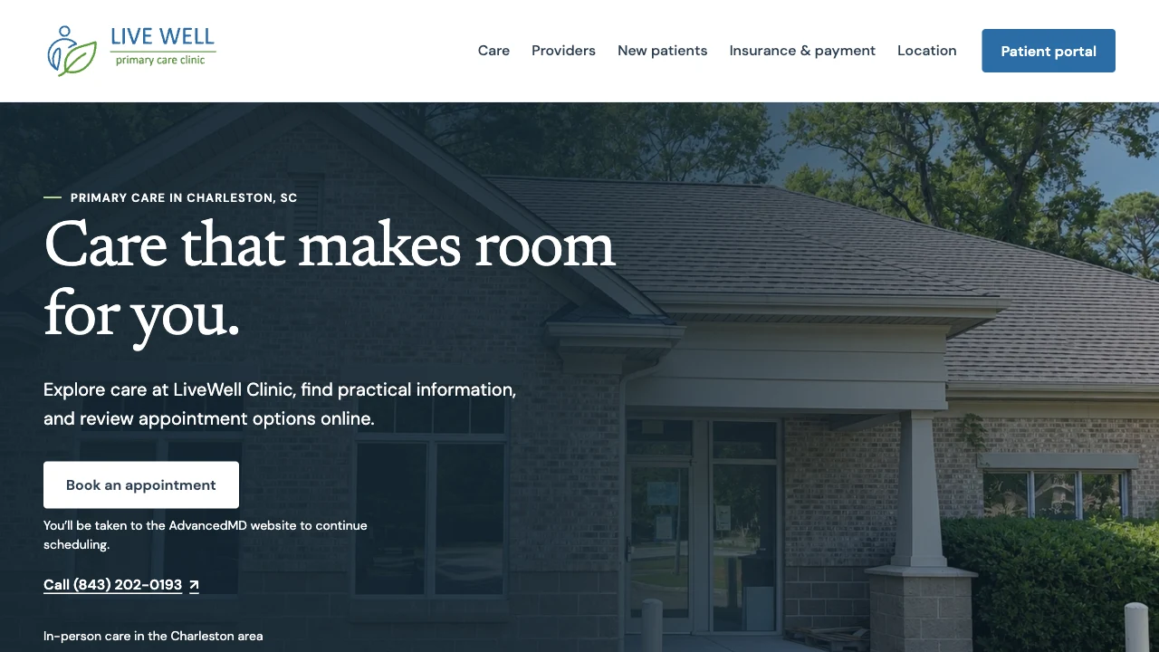 LiveWell’s rebuilt homepage, with a clinic photograph, care introduction, and separate booking and phone actions